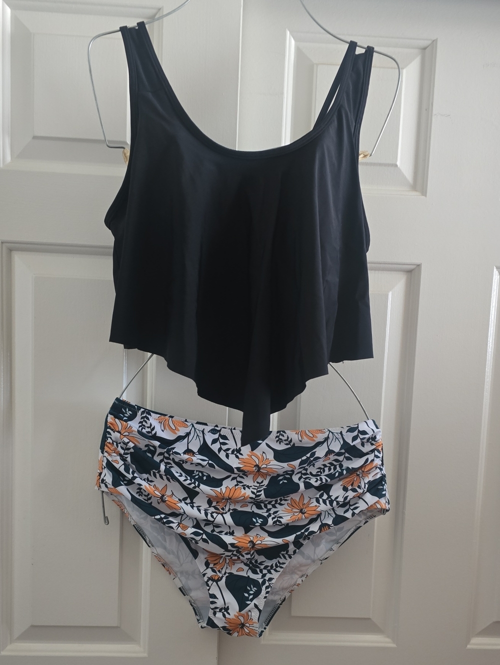 Two-Piece Swimsuit Set - Black Tankini Top & Floral High-Waist Bottoms